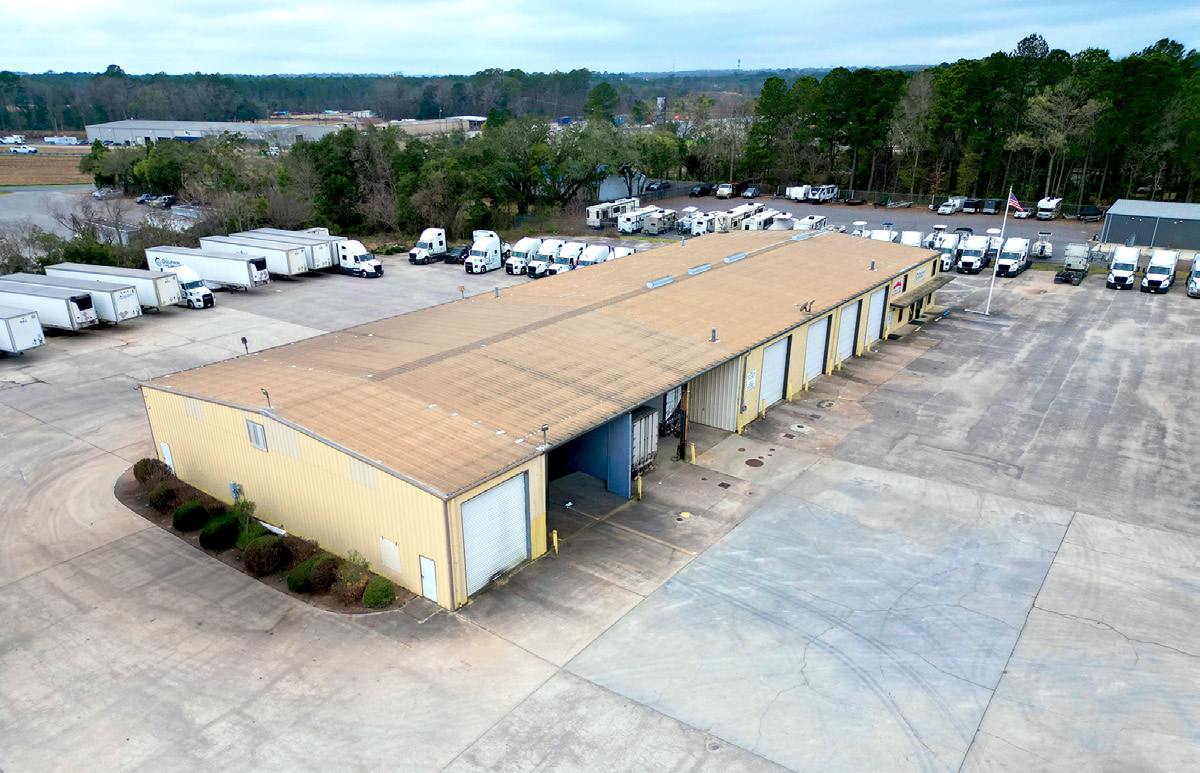 Aerial view of the truck shop and concrete yard at 4521 Higgins Road