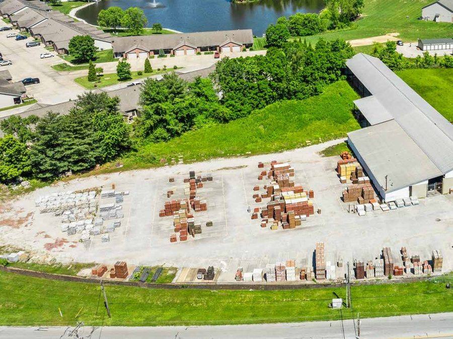 Aerial view of a building-materials yard and warehouse in Indiana